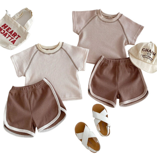 Baby clothes, summer clothing, boys and girls, short sleeved set, children's internet famous waffle top+shorts